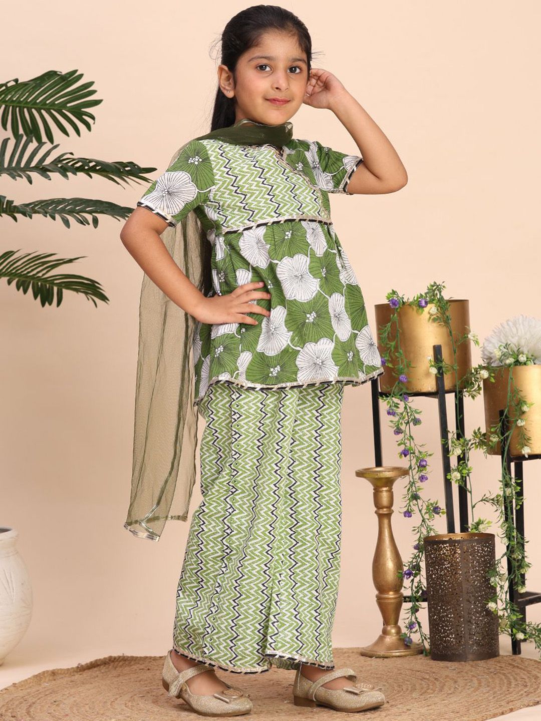 Girls Floral Printed Gotta Patti Kurta with Palazzos & Dupatta 3