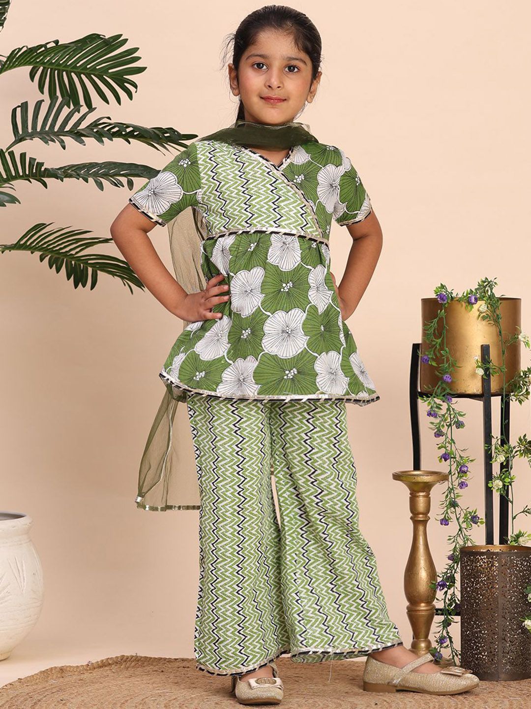 Girls Floral Printed Gotta Patti Kurta with Palazzos & Dupatta 6
