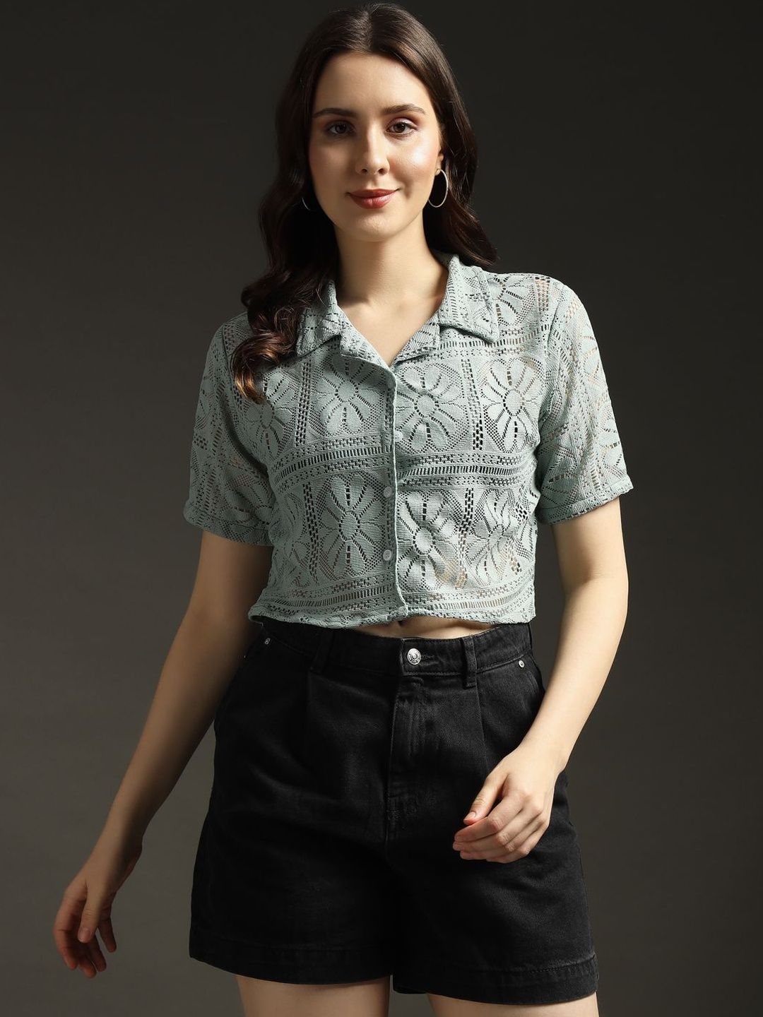 emeros Women Floral Self Design Lace Inserts Lapel Collar Shirt Style Net Crop Top
