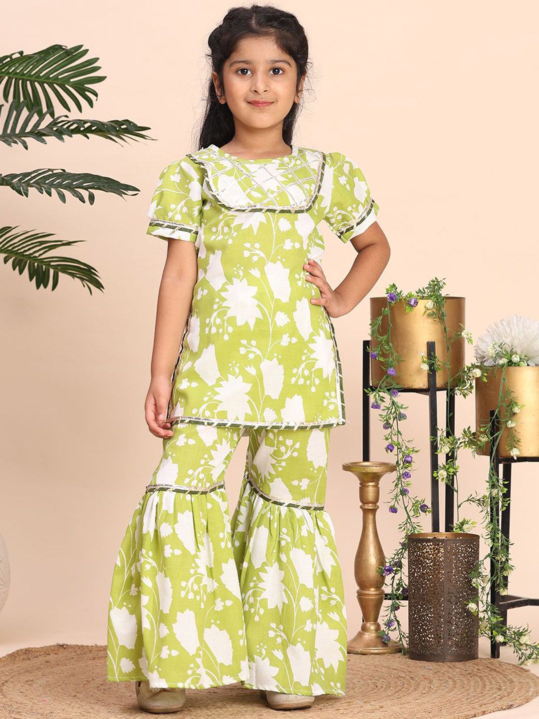 Girls Floral Printed Empire Gotta Patti Kurta with Sharara & Dupatta 6