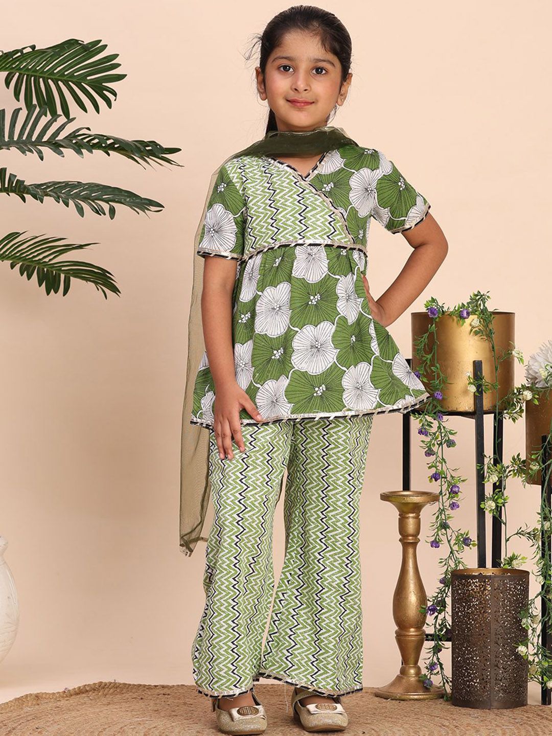 Girls Floral Printed Gotta Patti Kurta with Palazzos & Dupatta