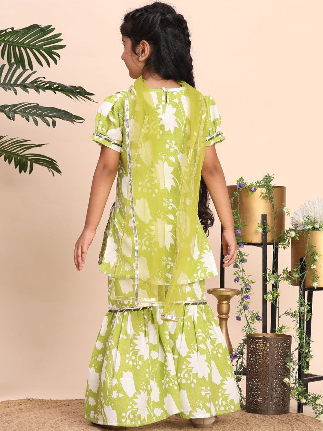 Girls Floral Printed Empire Gotta Patti Kurta with Sharara & Dupatta 5