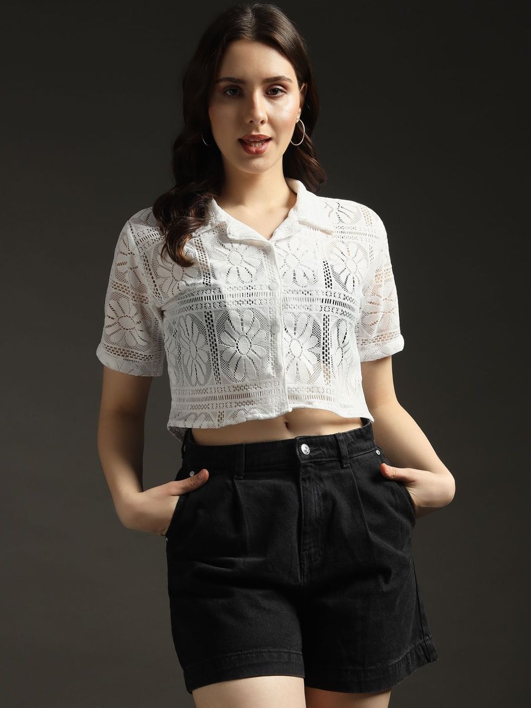 emeros Women Floral Self Design Lace Inserts Lapel Collar Shirt Style Net Crop Top
