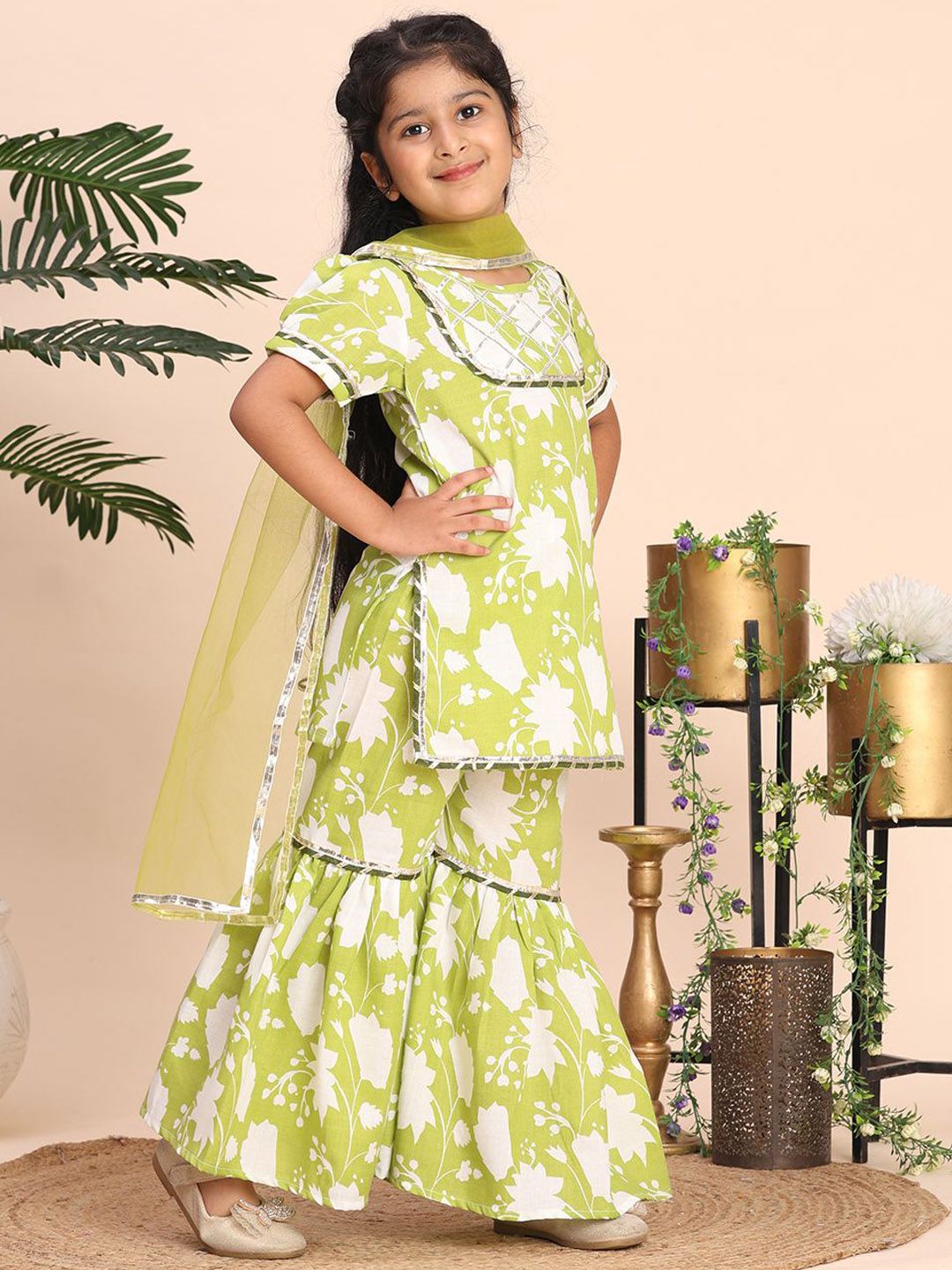 Girls Floral Printed Empire Gotta Patti Kurta with Sharara & Dupatta 3