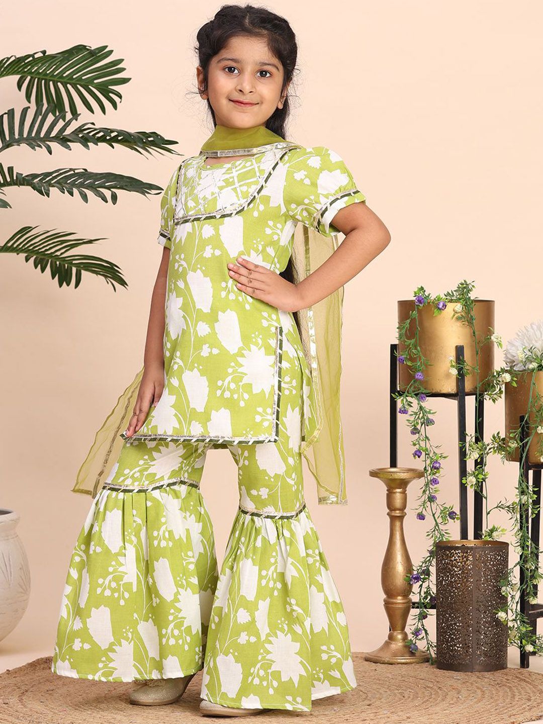 Girls Floral Printed Empire Gotta Patti Kurta with Sharara & Dupatta 4
