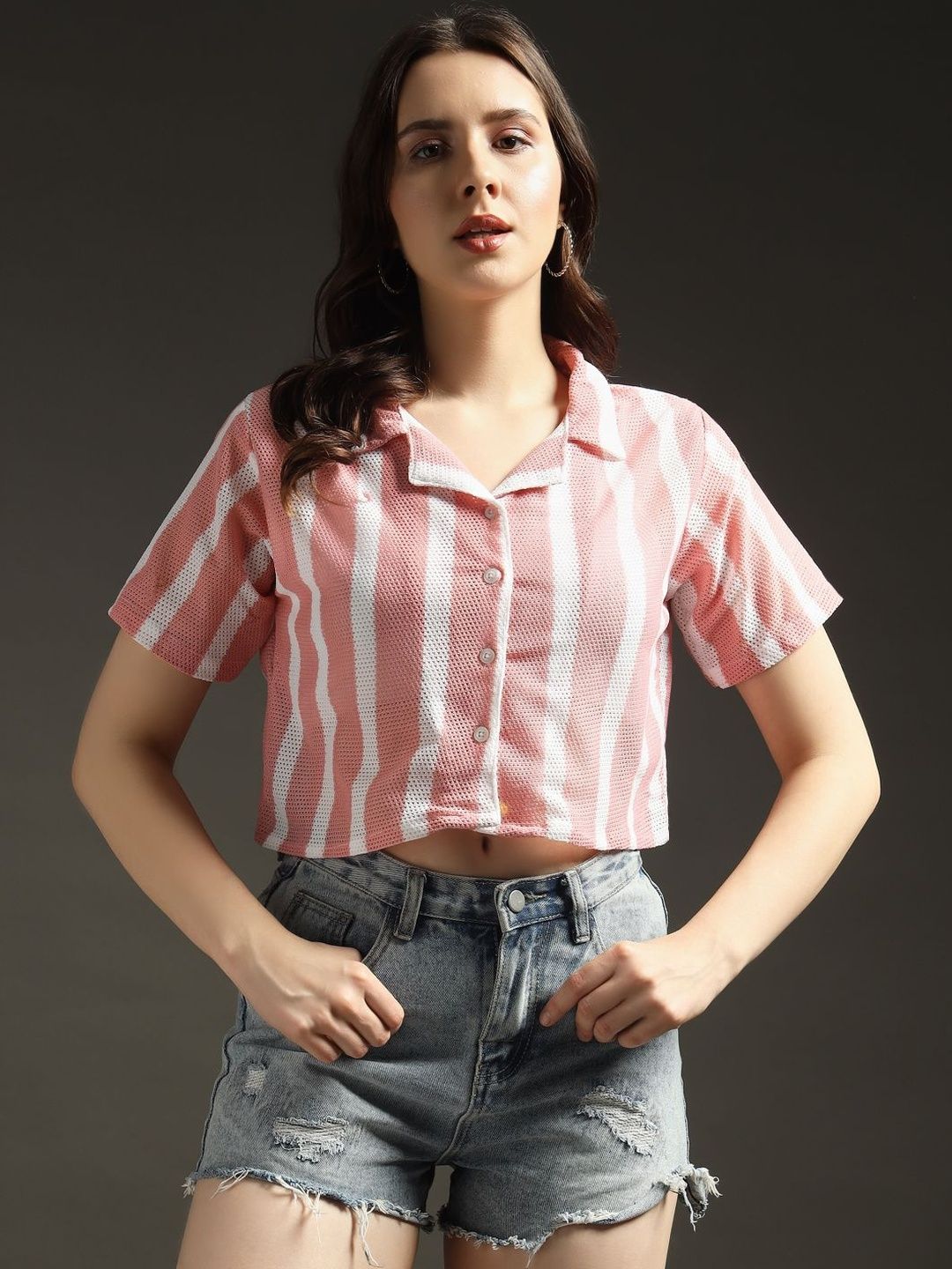 emeros Women Striped Net Shirt Style Crop Top