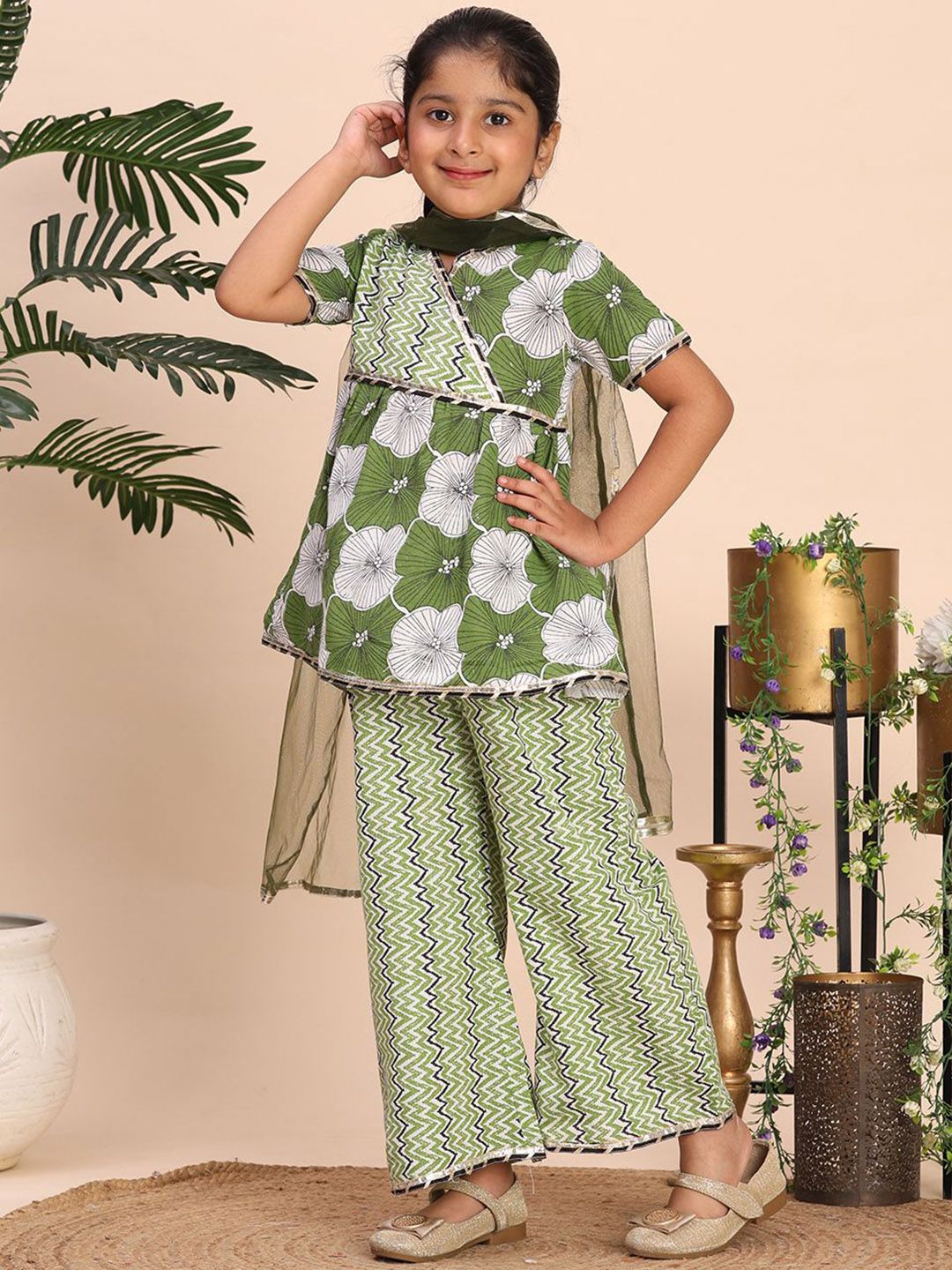 Girls Floral Printed Gotta Patti Kurta with Palazzos & Dupatta 4
