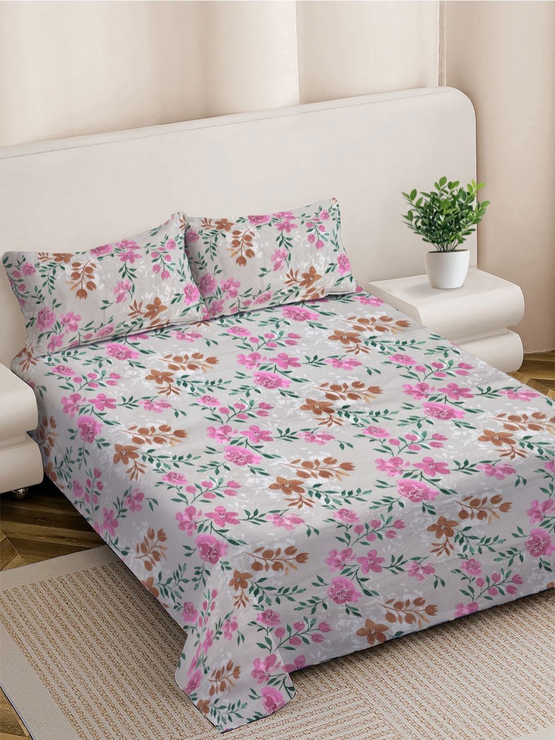 Buy FABINALIV White & Pink Floral Printed 300 TC King Bedsheet 2.50 M X 2.25 M -  - Home for Unisex