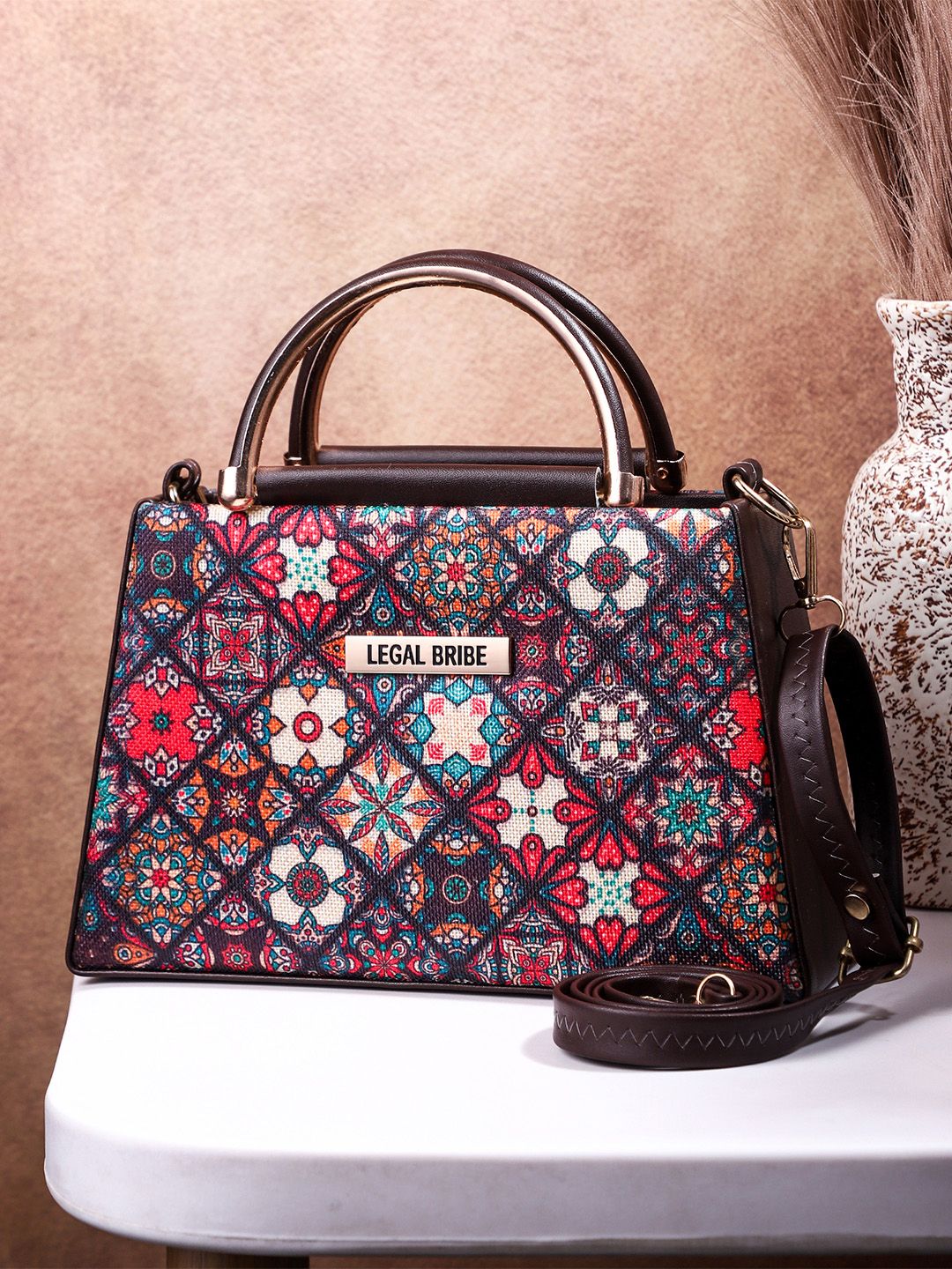 LEGAL BRIBE Floral Printed Structured Sling Bag with Applique PU Handbag