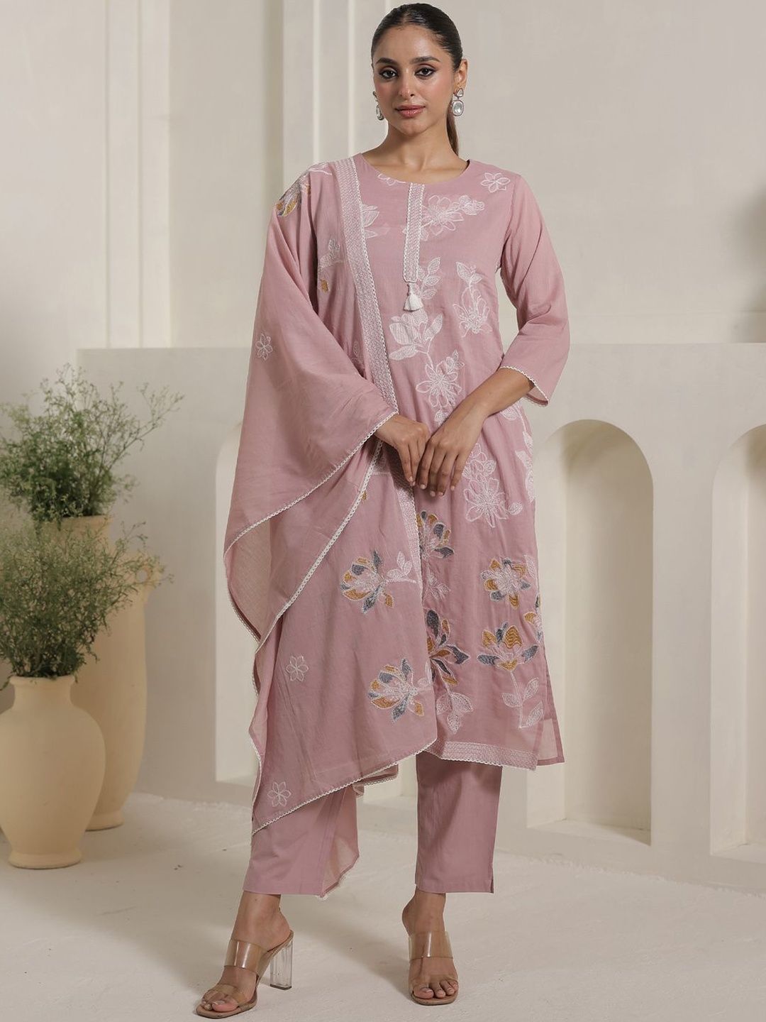 Indo Era Women Solid Cotton Kurta with Trousers & Dupatta