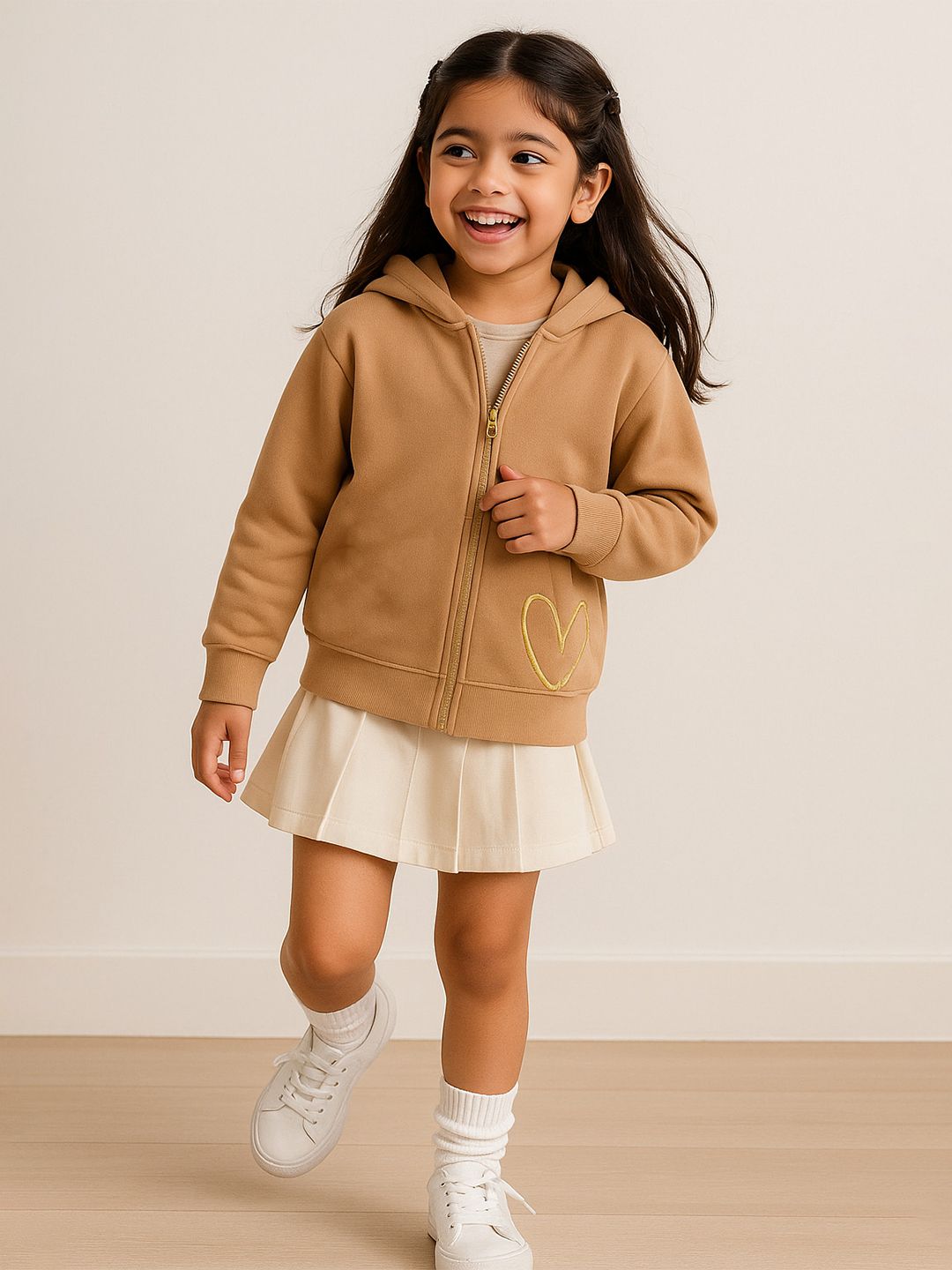 TALES & STORIES Girls Brown Solid Zip Closure Cotton Hooded Sweatshirt