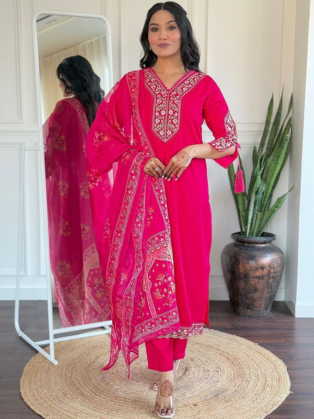 Vaidehi Fashion Embroidered V-Neck Thread Work Kurta With Trousers & Dupatta