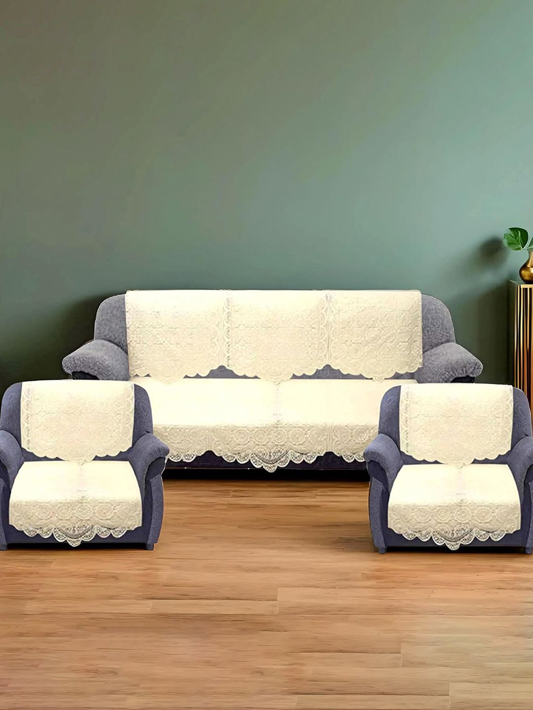 Kuber Industries Chikankari Cream Floral Cotton 10PC Straight 5 Seater Sofa Cover70x29In