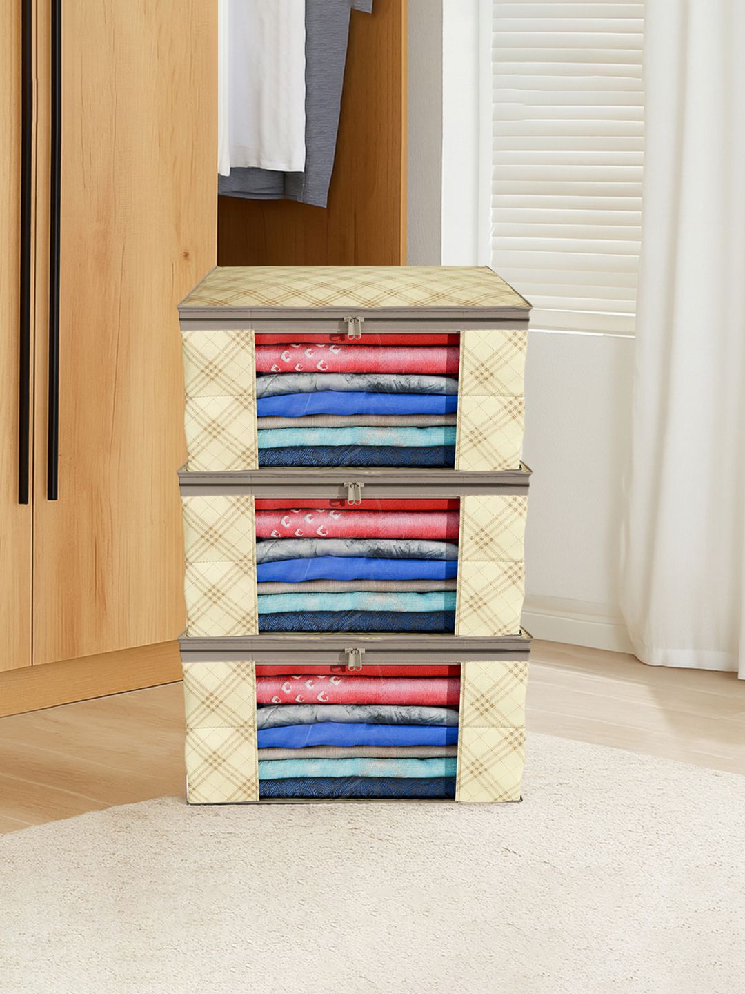 Kuber Industries Cream-Coloured & Brown 3 Pieces Checked Drawer Organisers