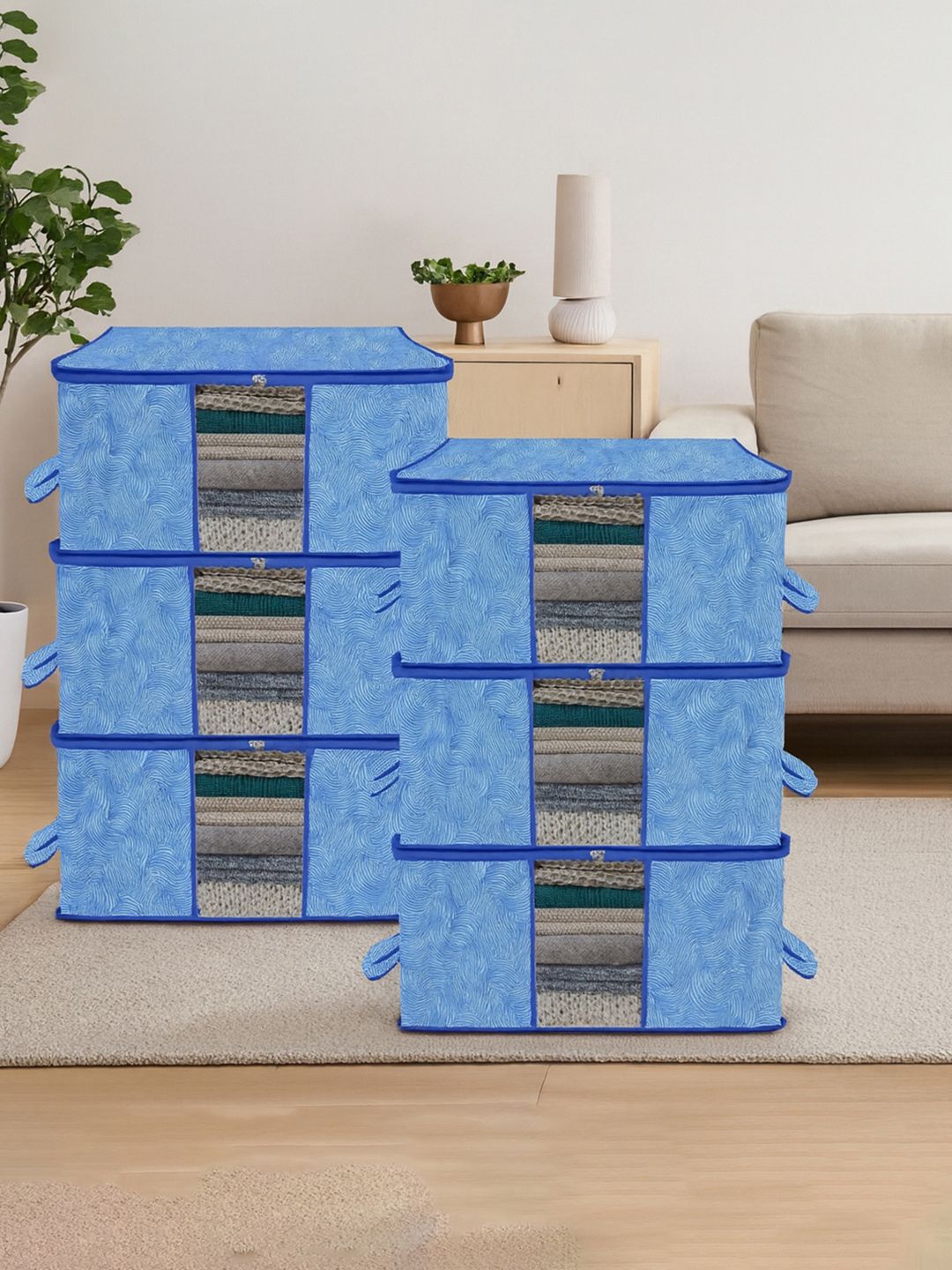 Kuber Industries Blue & White 6 Pieces Printed Storage Bag Organiser