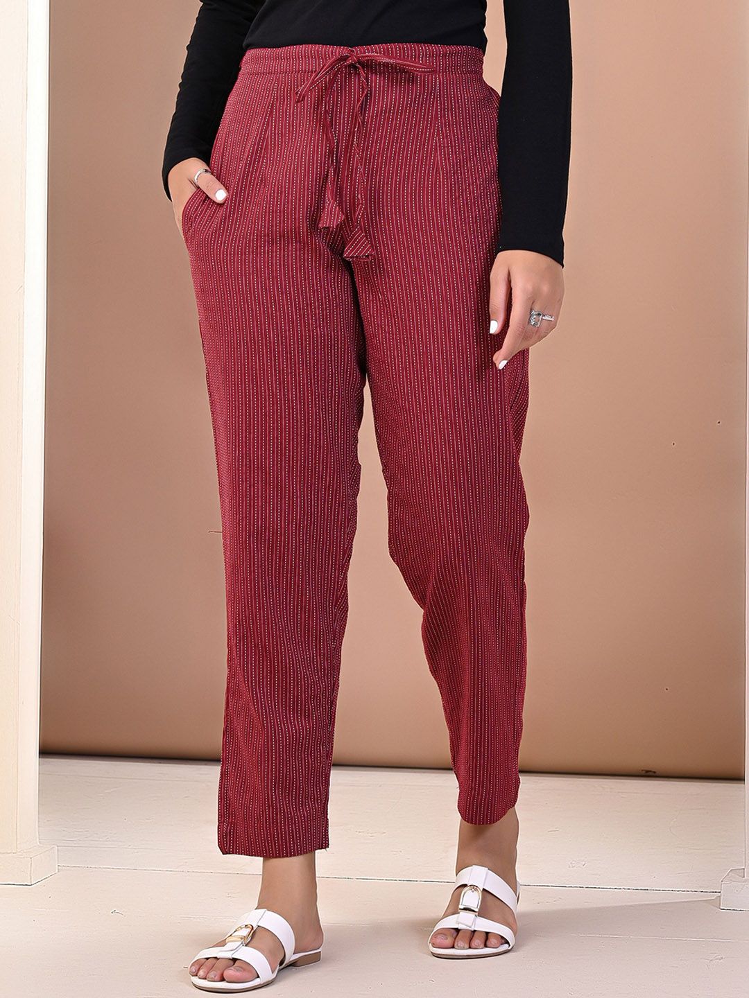 KANNAHI Women Pure Cotton Easy Wash Pleated Peg Trousers