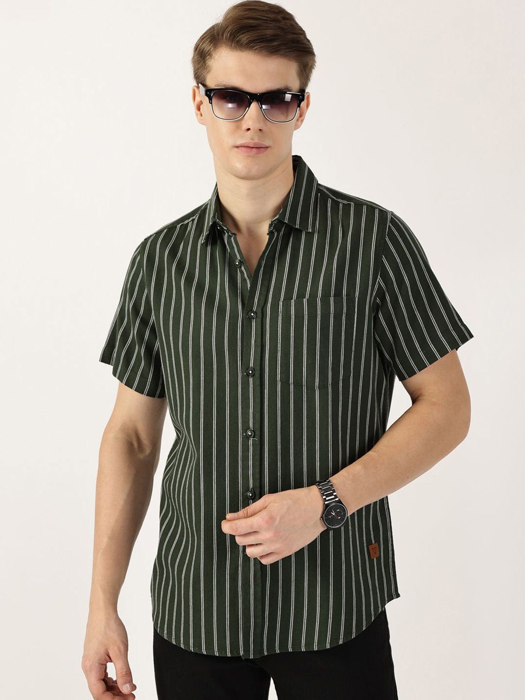 Thomas Scott Men Classic Slim Fit Spread Collar Vertical Striped Cotton Casual Shirt