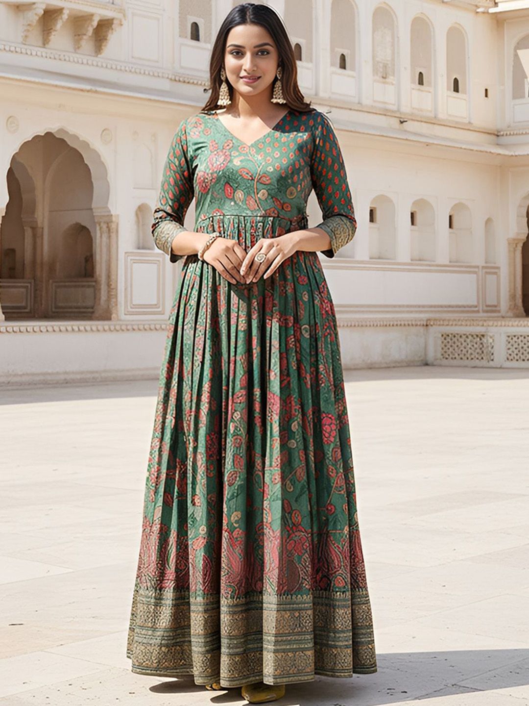 KALANANDI Floral Printed V-Neck Fit & Flared Ethnic Dress