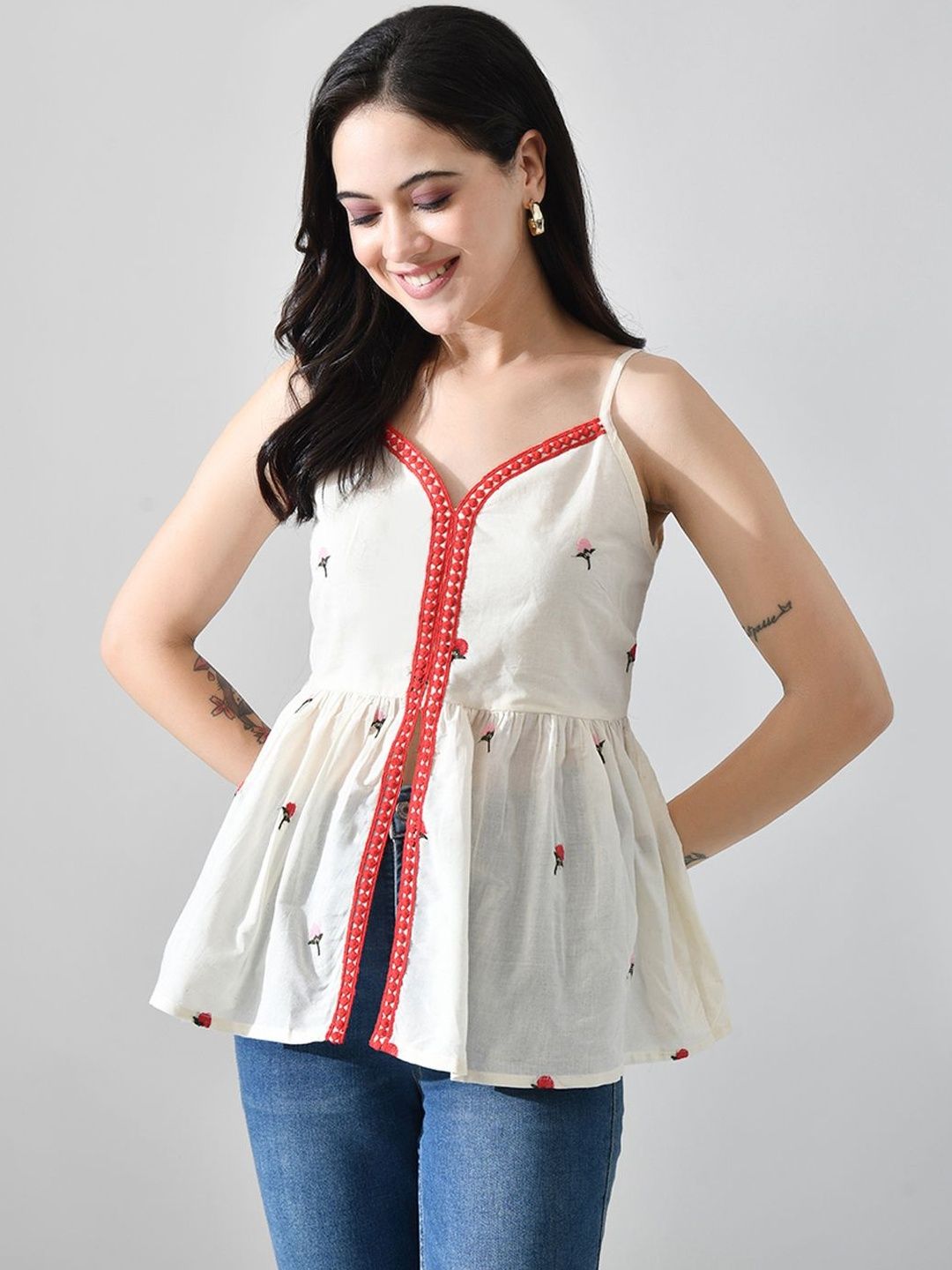 Myshka Women Floral Embroidered Sweetheart Neck Cotton Peplum Top