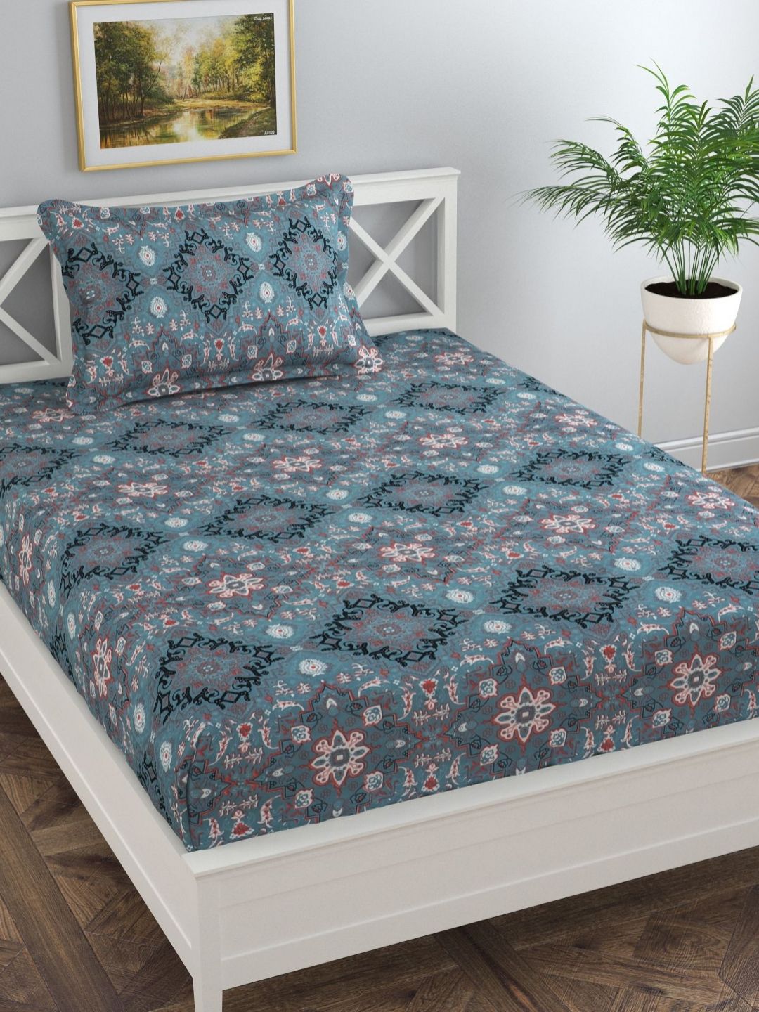 Florida Navy Blue & Red Ethnic Motifs Printed 120 TC Single Bedsheet With 1 Pillow Cover