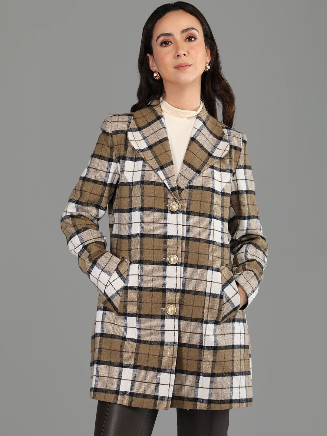 Roadster Women Checked Polyester Regular Fit Trench Coat