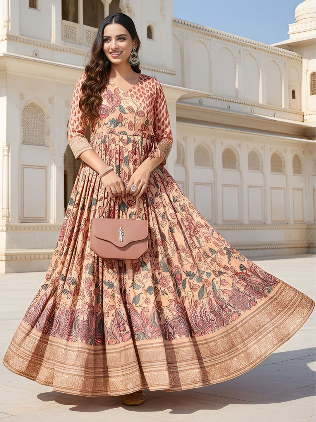 KALANANDI Women Kalamkari Printed V-Neck Fit & Flared Maxi Ethnic Dresses