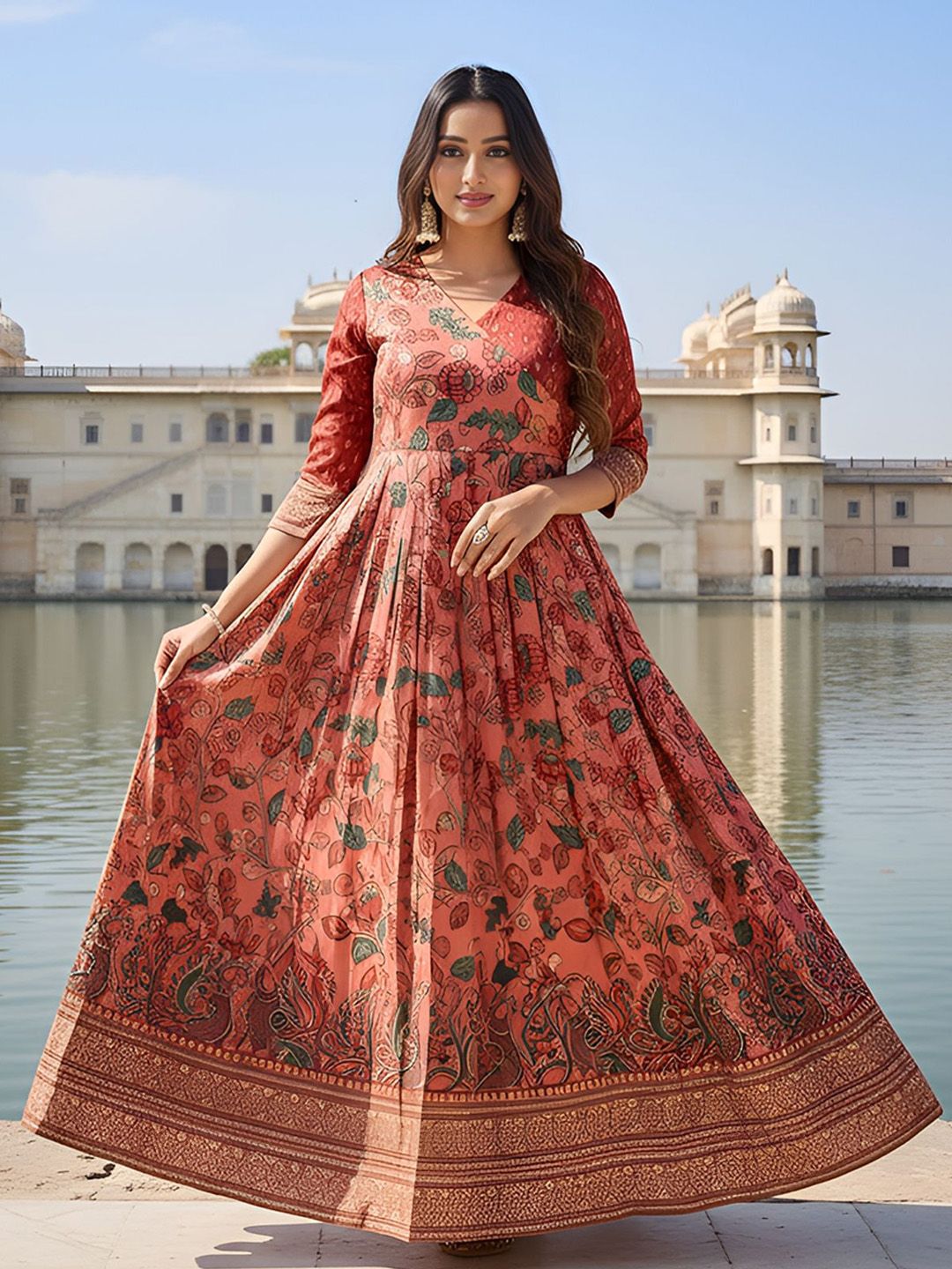 KALANANDI Floral Printed V-Neck Fit & Flared Ethnic Dresses