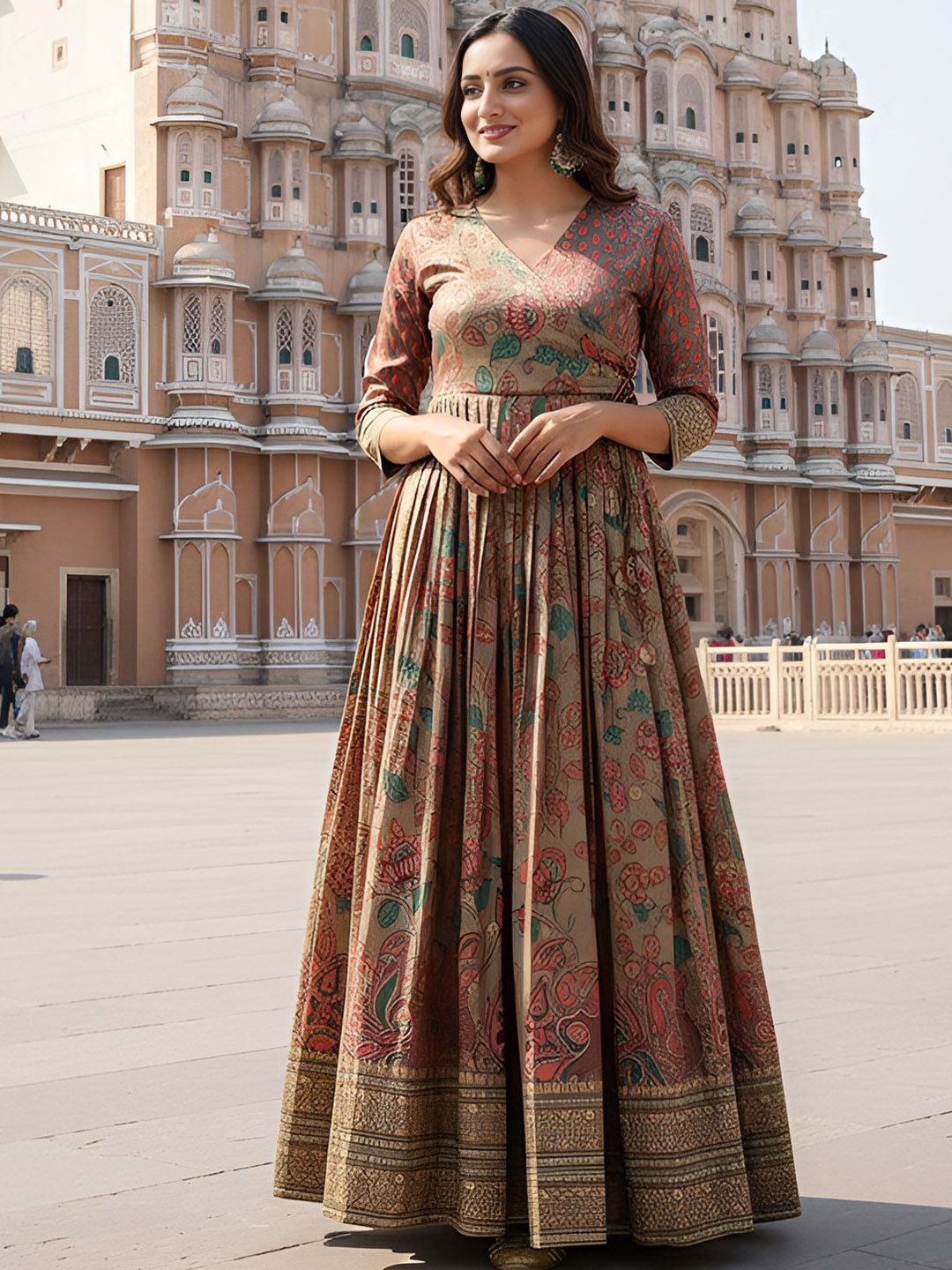 KALANANDI Women Kalamkari Printed V-Neck Fit & Flared Ethnic Dresses