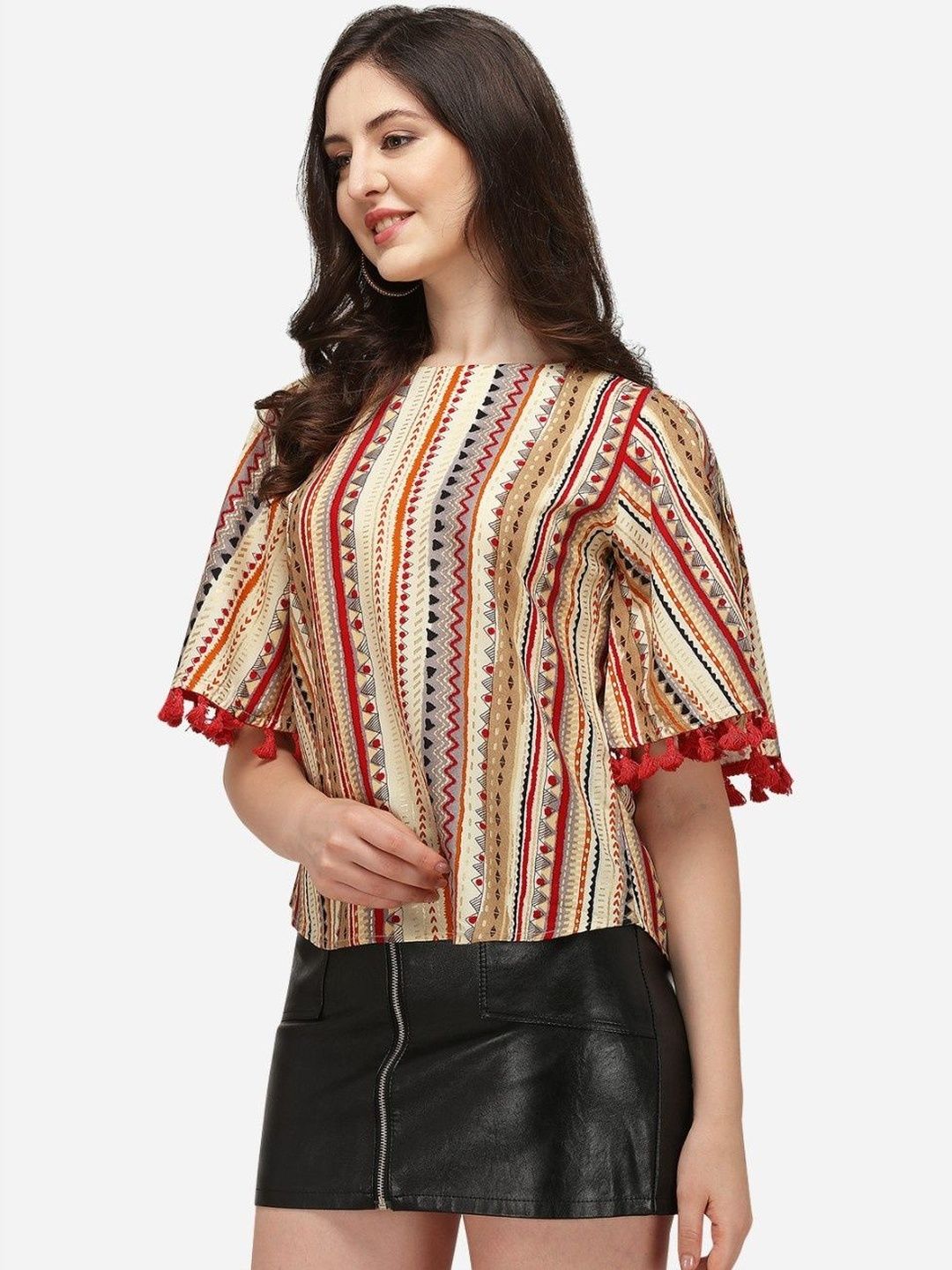 Beige Ethnic Motifs Printed Round Neck Top