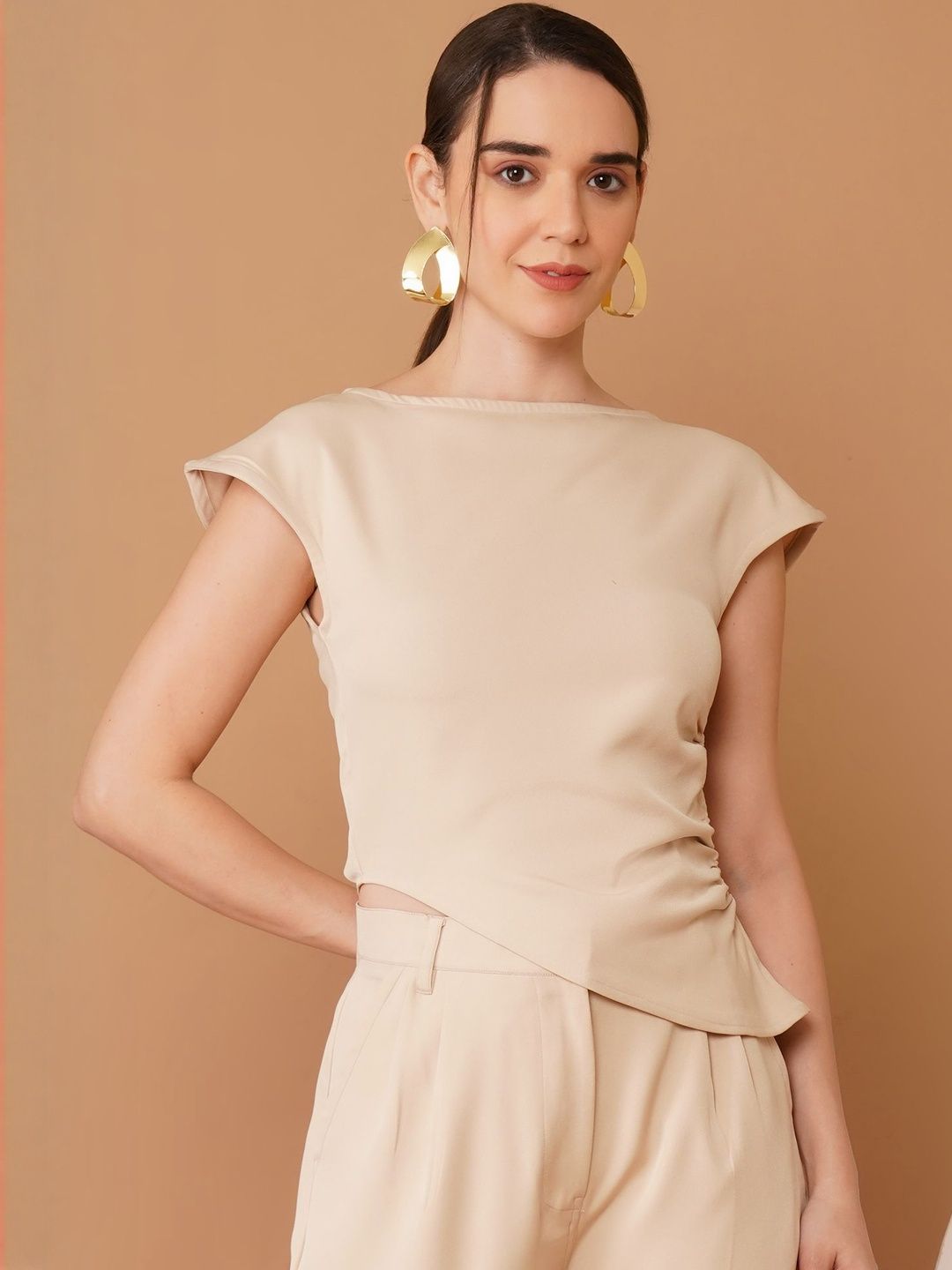 Boat Neck Cap Sleeves Asymmetric Hem Top