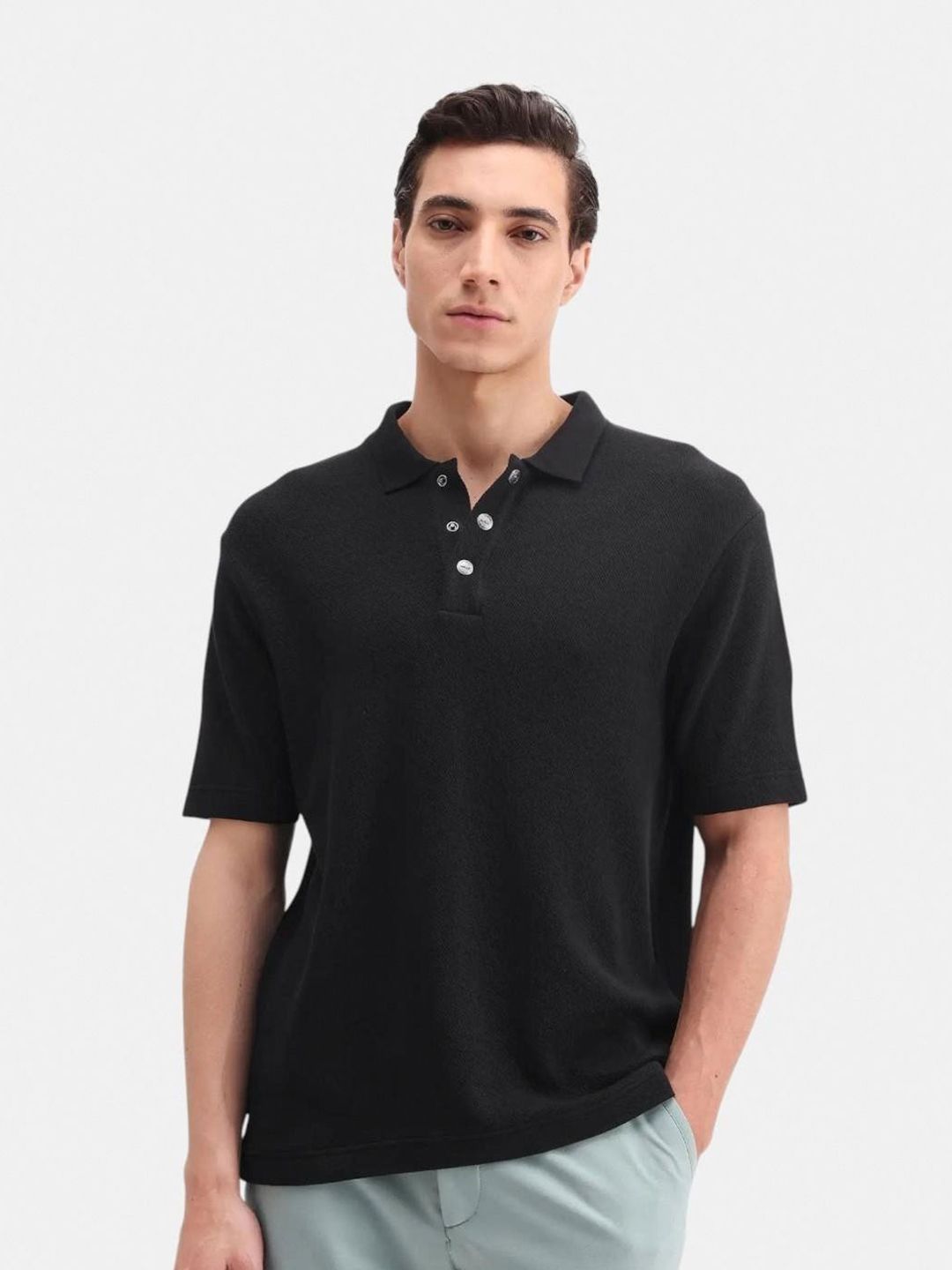 RARE RABBIT Men Plain Spread Collar Half Sleeve Cotton Regular Fit Polo T-Shirt