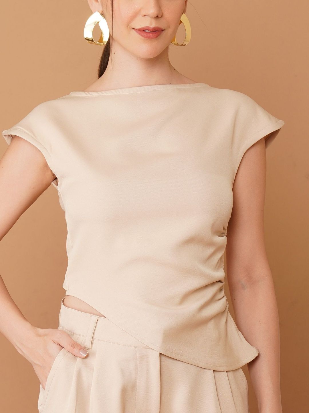 Boat Neck Cap Sleeves Asymmetric Hem Top 2