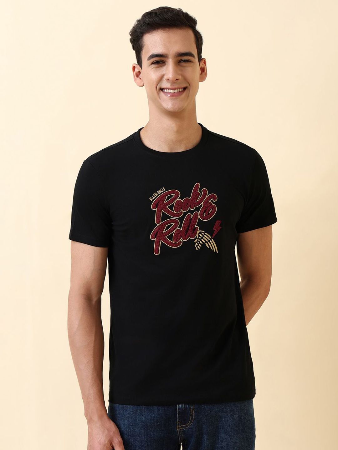 Allen Solly Men Typography Printed Round Neck Slim Fit Cotton T-shirt