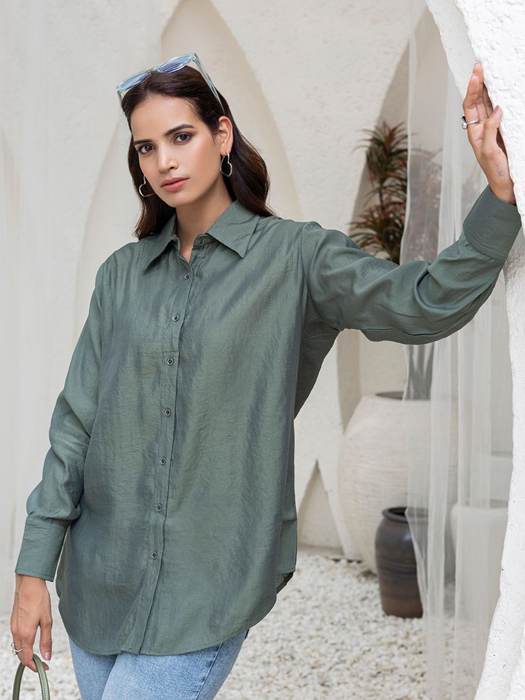 TITTLI Women Solid Brown Colour Relaxed Fit Long Sleeves Shirt