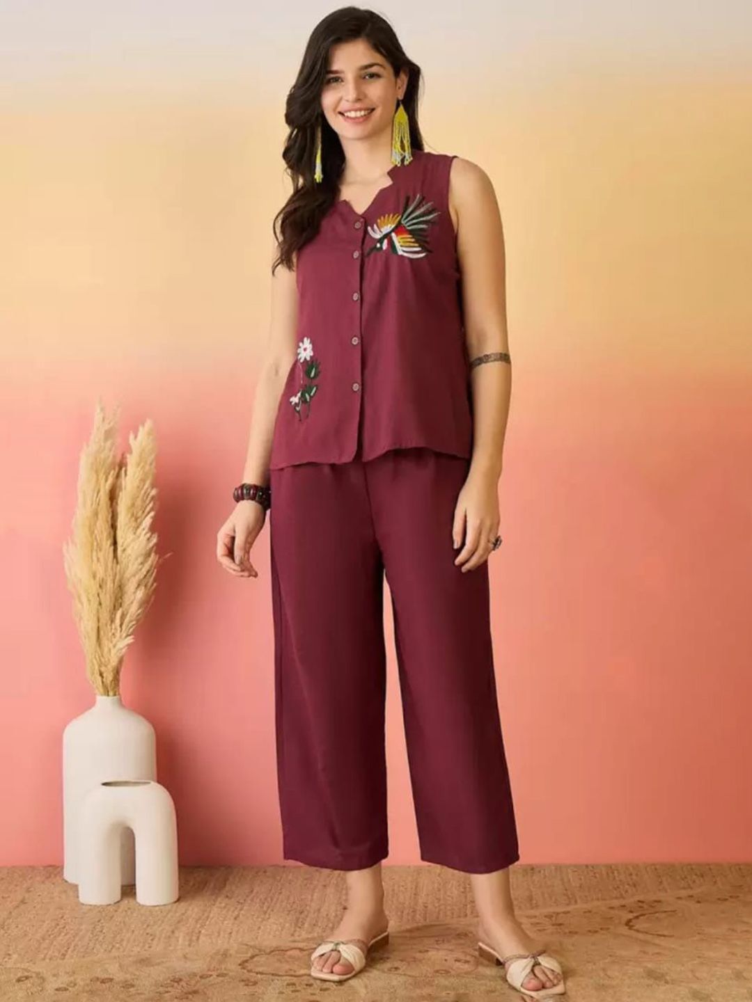 Ramyka Floral Printed Mandarin Collar Pure Cotton Top With Trousers