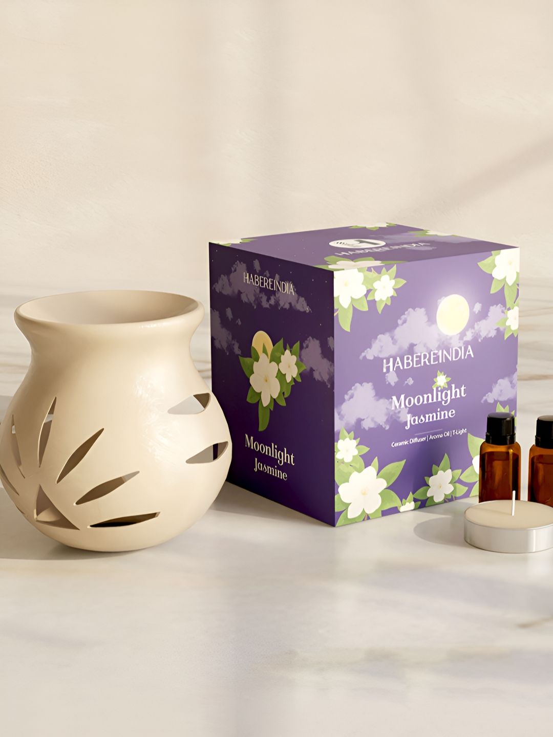 HABERE INDIA 4-Pcs Beige Ceramic Diffuser With T-Light & Aroma Oil - 10 ml Each