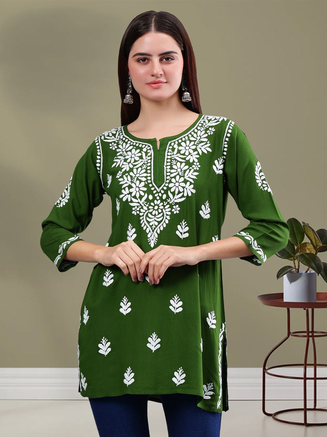 Seva Chikan Ethnic Motifs Three-Quarter Sleeves Round Neck Embroidered Chikankari Kurti