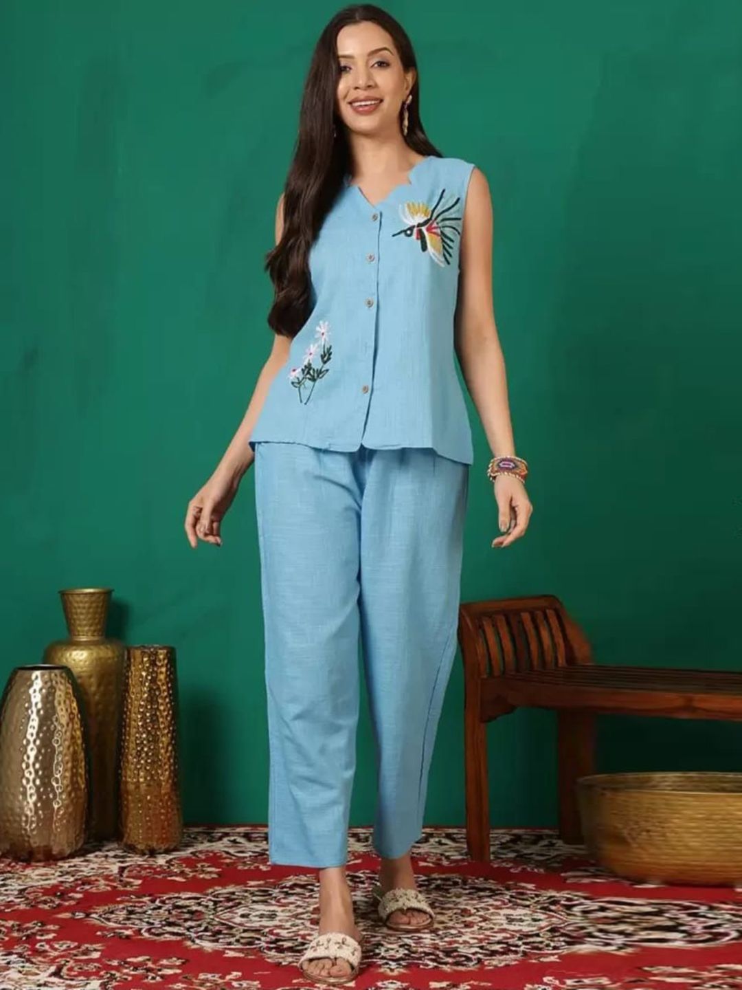Ramyka Floral Printed Mandarin Collar Pure Cotton Top With Trousers