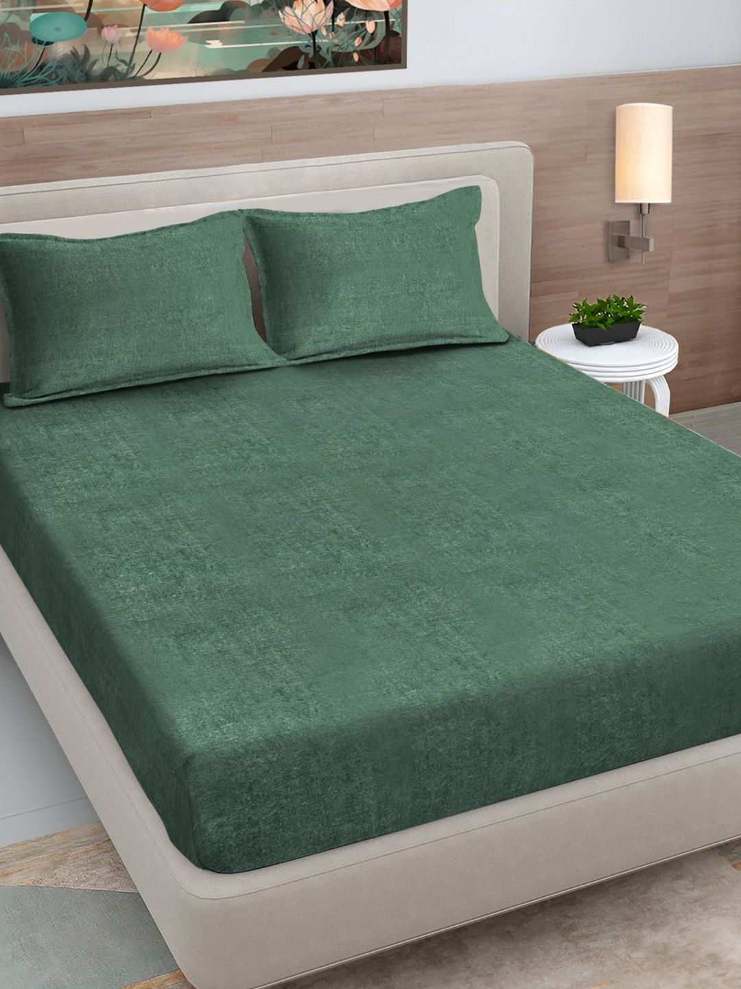 Myntra Elegant Homes Green Woollen 300 TC Fitted Double King Bedsheet Set-2.5mX2.25m