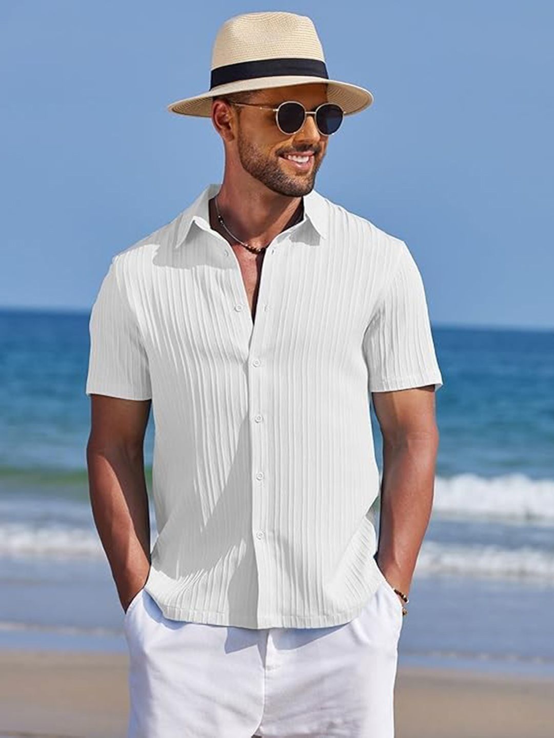 CB-COLEBROOK Men Textured Spread Collar Linen Casual Shirt