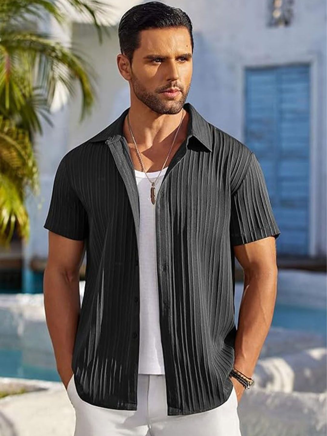 CB-COLEBROOK Men Textured Spread Collar Linen Casual Shirt