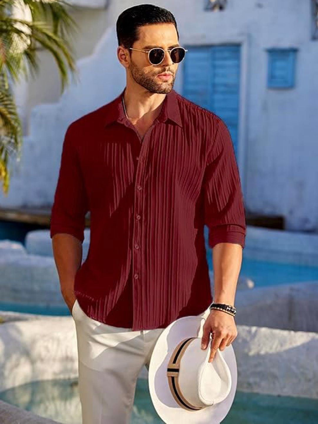CB-COLEBROOK Men Textured Spread Collar Cotton Casual Shirt