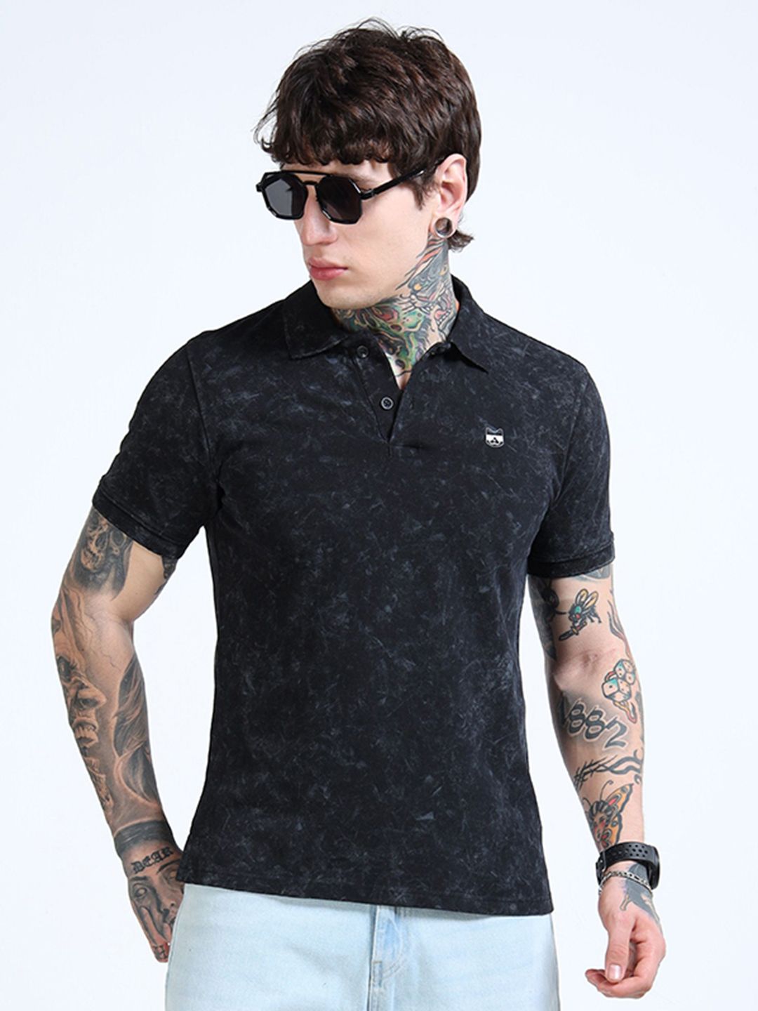 glitchez Men Bio Finish Washed Effect Dyed Polo Collar Cotton T-shirt