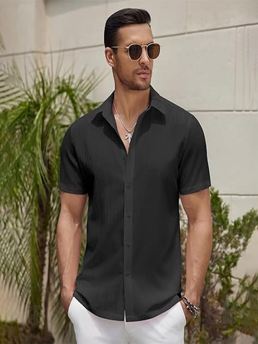 CB-COLEBROOK Men Textured Spread Collar Linen Casual Shirt