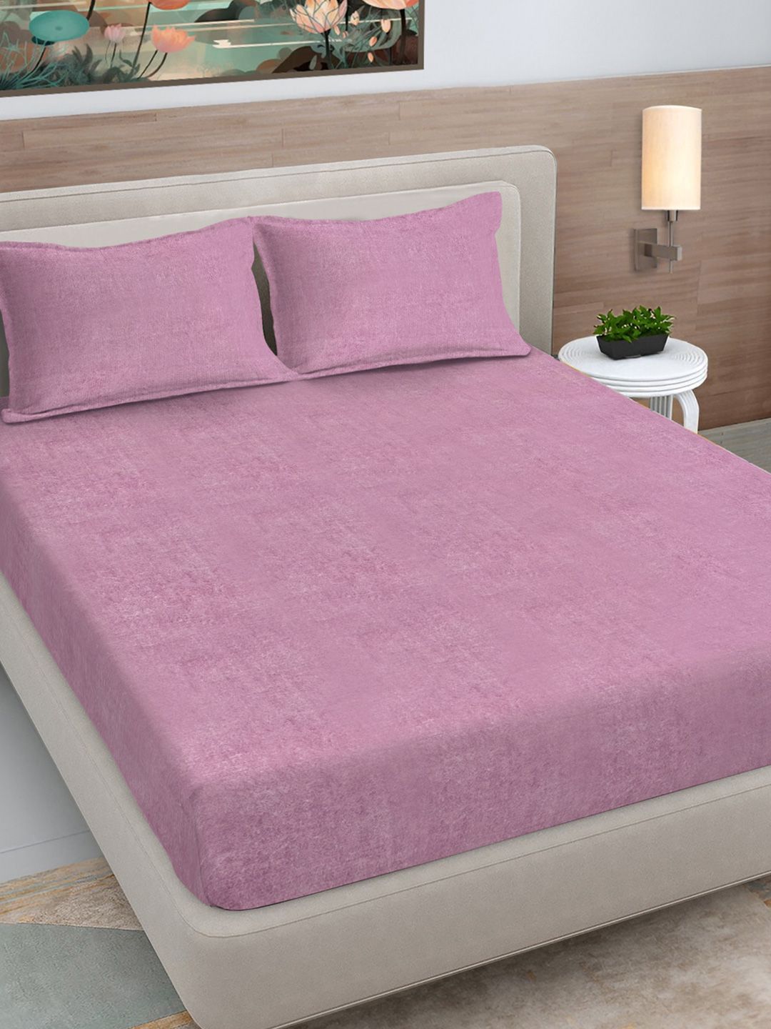 Buy FABINALIV Pink Wool 300 TC Fitted King Fine Bedsheet With 2 Pillow Covers 98 X 89 Inches -  - Home for Unisex