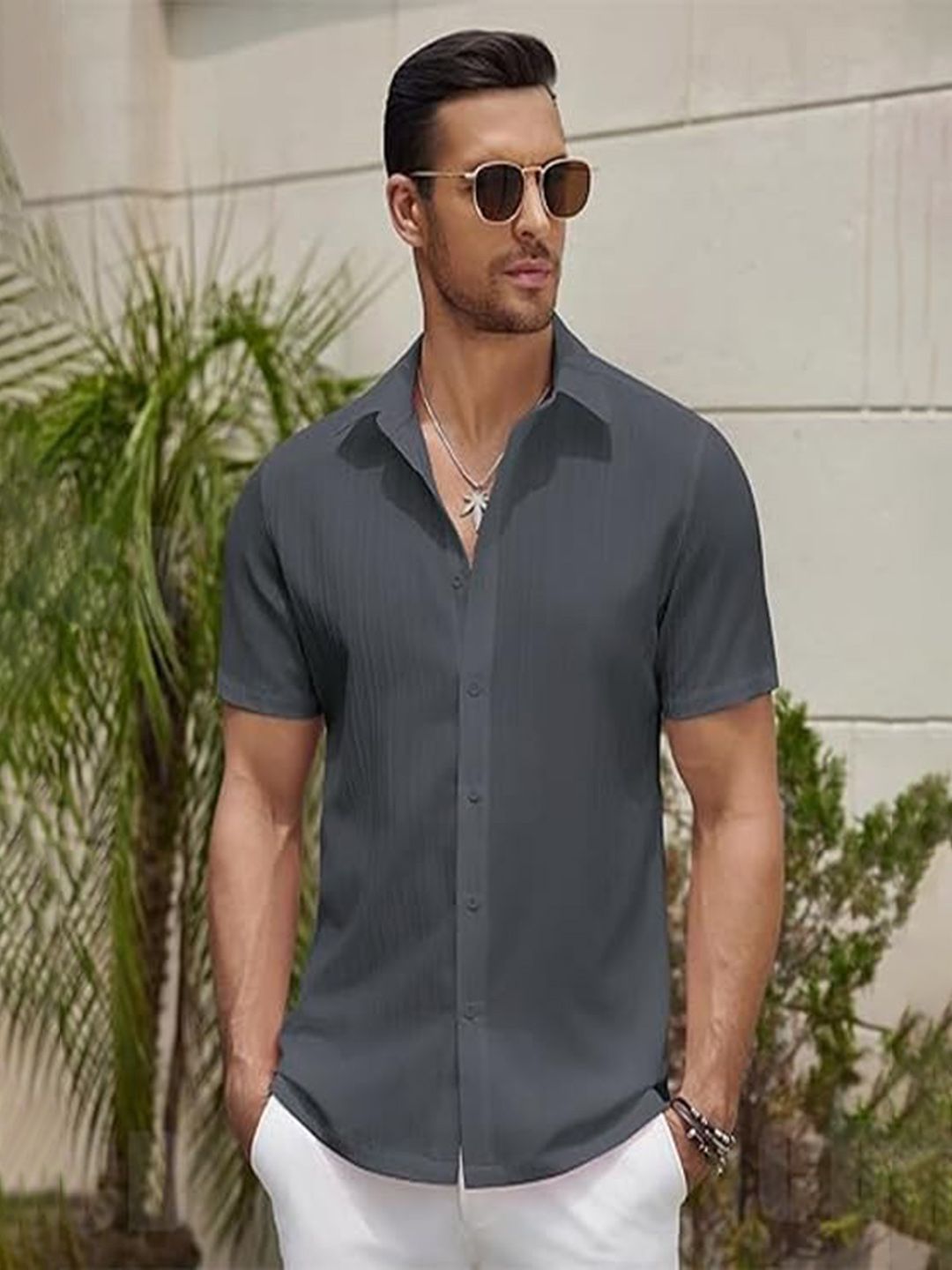 CB-COLEBROOK Men Textured Spread Collar Linen Casual Shirt