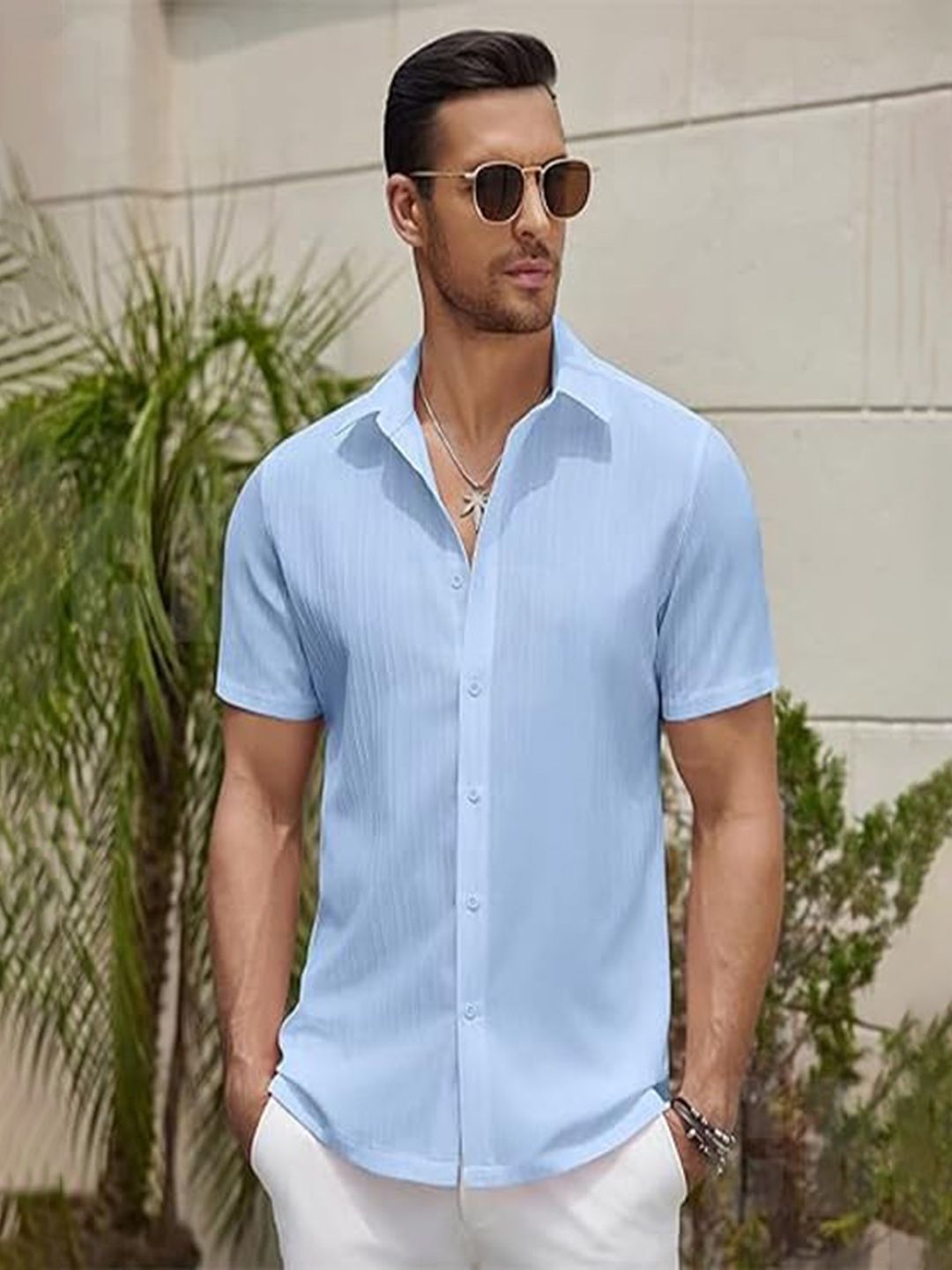 CB-COLEBROOK Men Textured Spread Collar Linen Casual Shirt