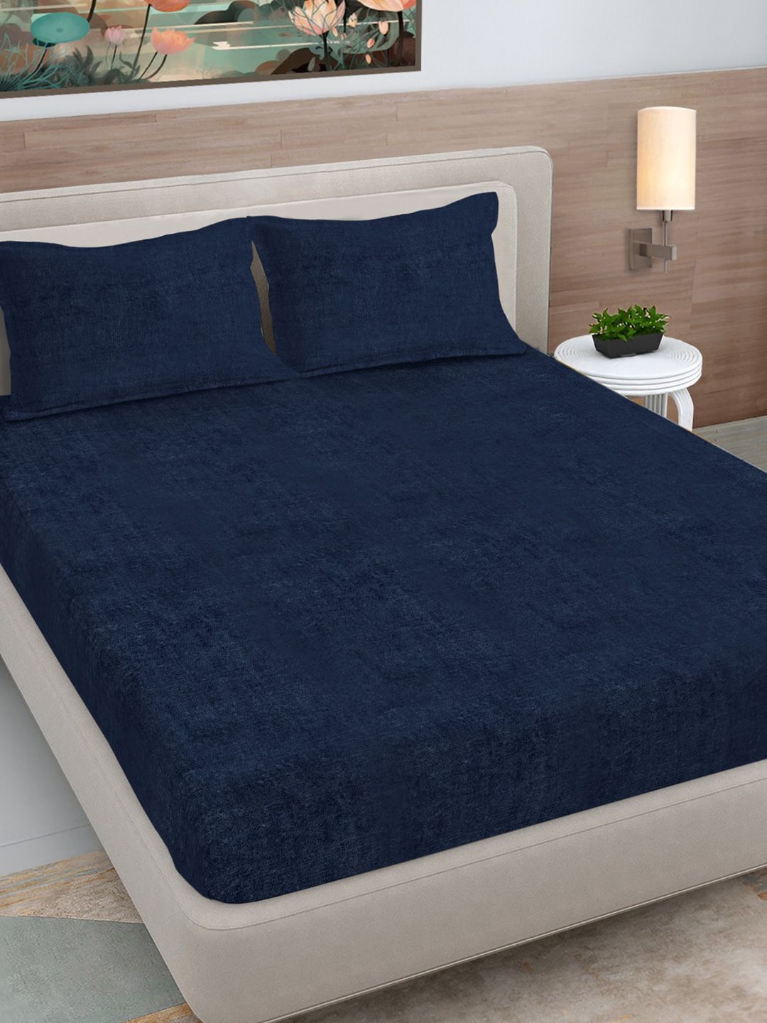 Buy Myntra Elegant Homes Navy Blue Woollen 300 TC King Bedsheet Set 2.5 M X 2.25 M -  - Home for Unisex