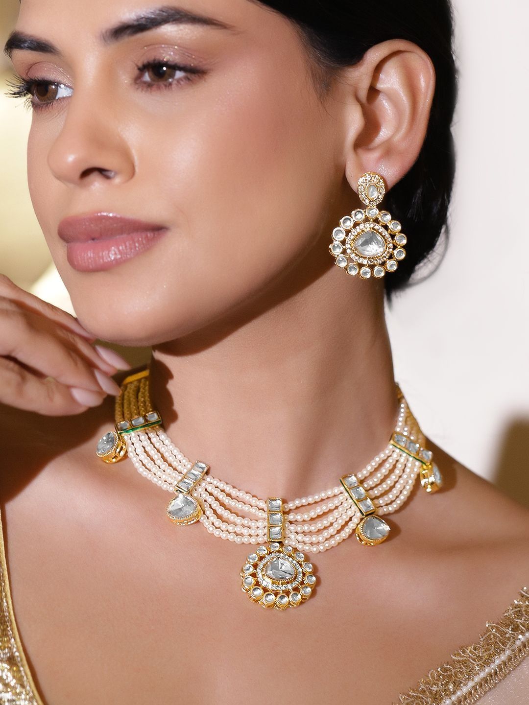 Buy Rubans Women 22K Gold Plated Cubic Zirconia Kundan Studded & Pearl Beaded Jewellery Set -  - Accessories for Women
