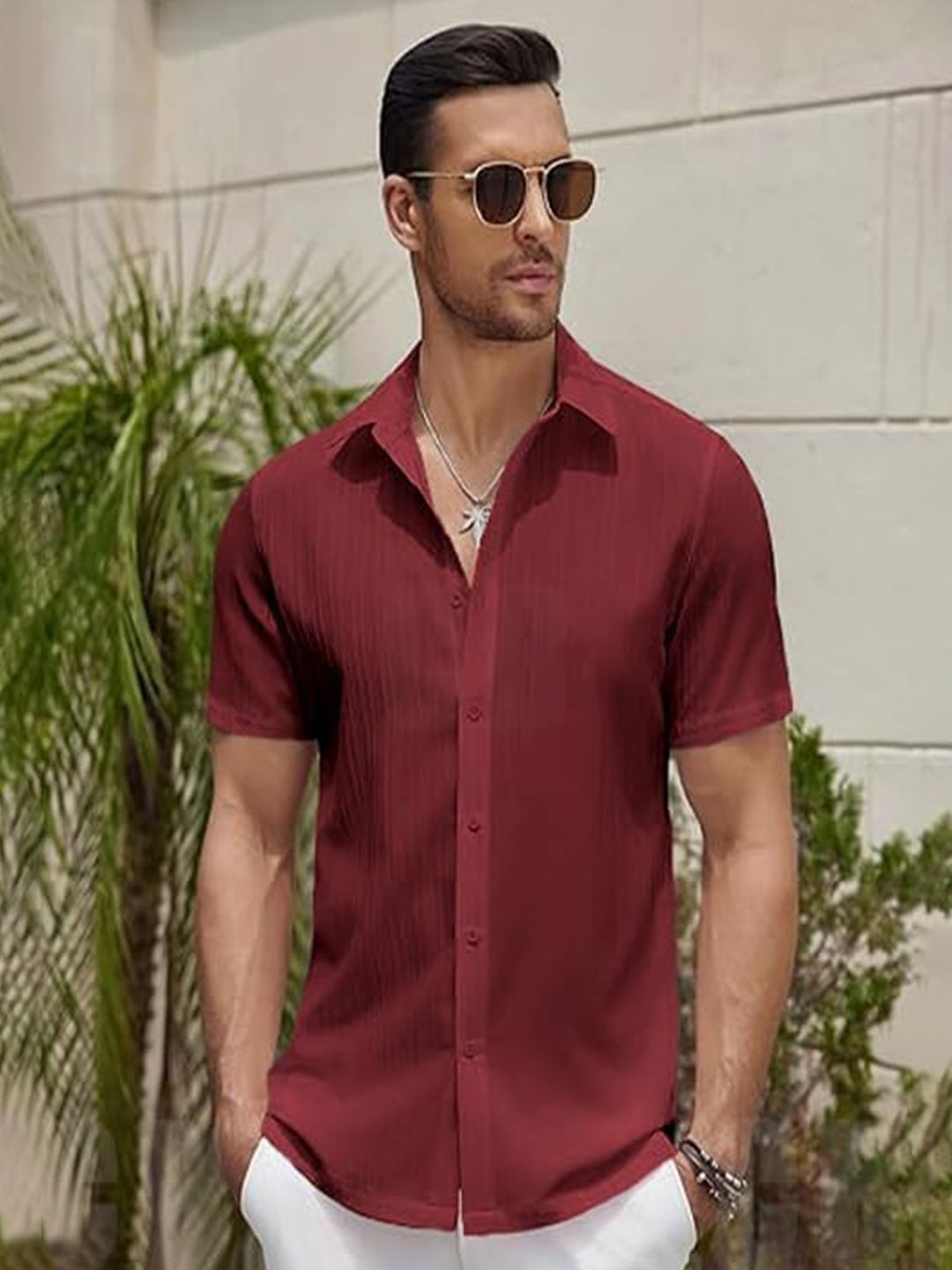 CB-COLEBROOK Men Textured Spread Collar Linen Casual Shirt